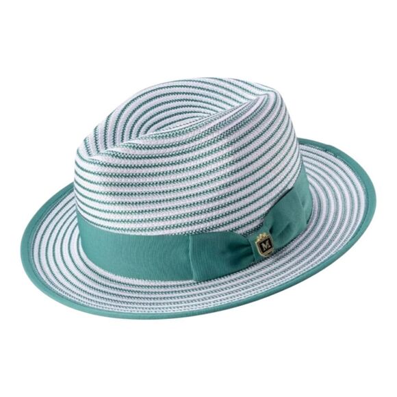 MEN'S  MONTIQUE EMERALD/ WHITE STRIPED FEDORA HAT WITH RIBBON BAND. H90. - Picture 2 of 2
